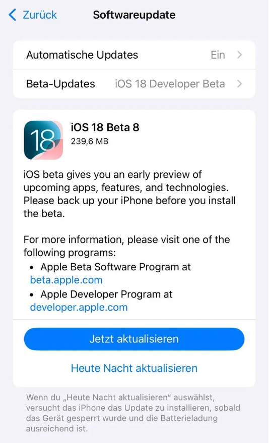 毛阳镇苹果手机维修分享苹果 iOS / iPadOS 18 开发者预览版 Beta 8 发布 